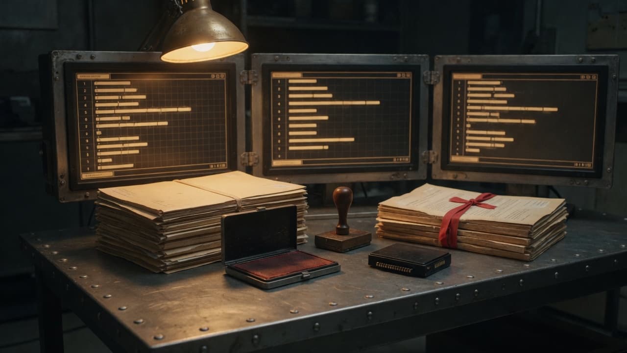Fraud and chargeback review bench with bound files and a Knowledge Image cartridge.