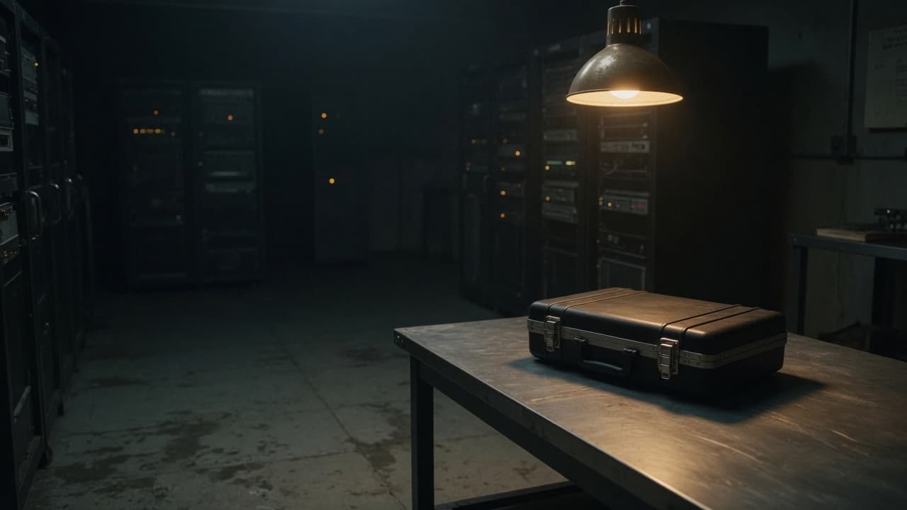Dark equipment bay, empty of people, with a closed instrument case on a steel table.
