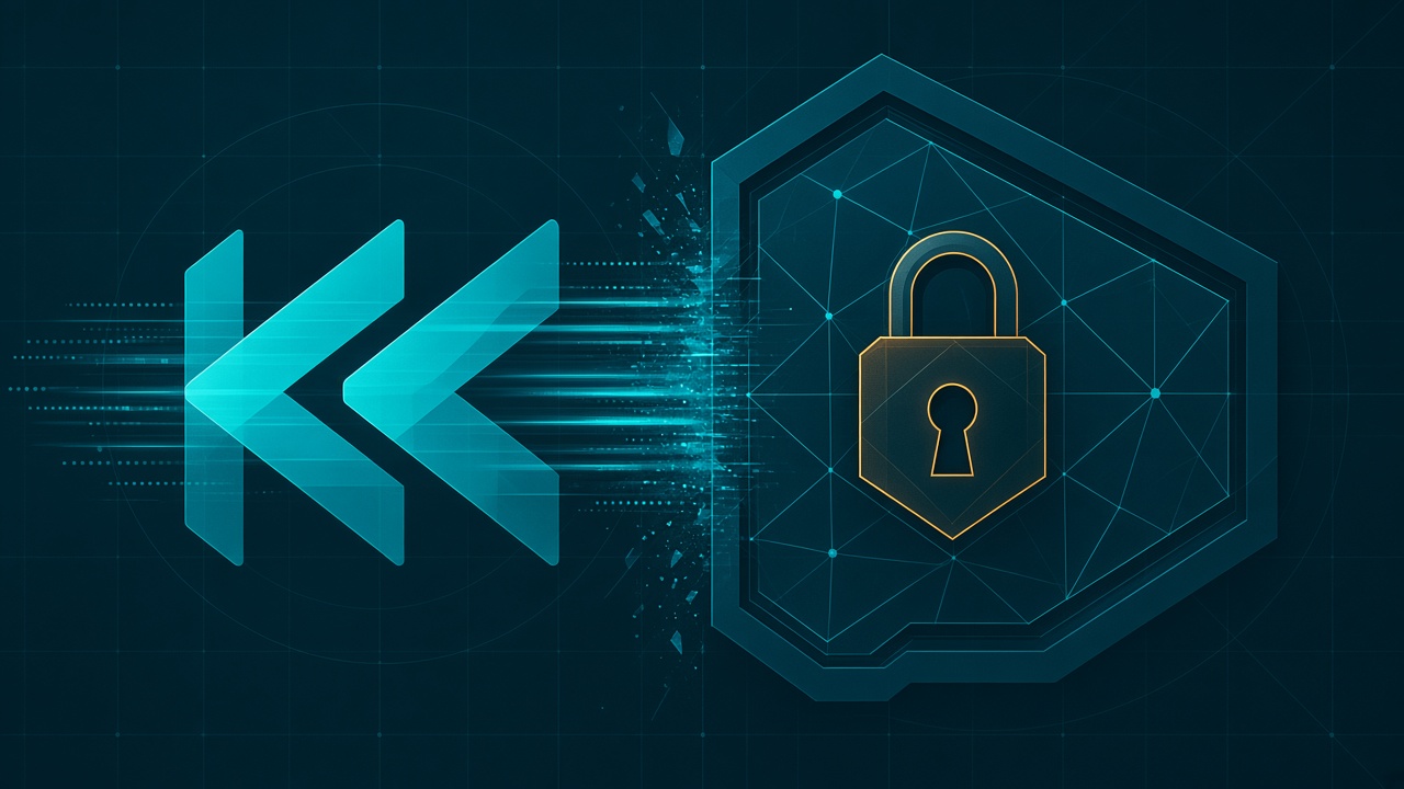 Abstract rewind arrow stopped at a locked capability gate on a dark teal forensic grid